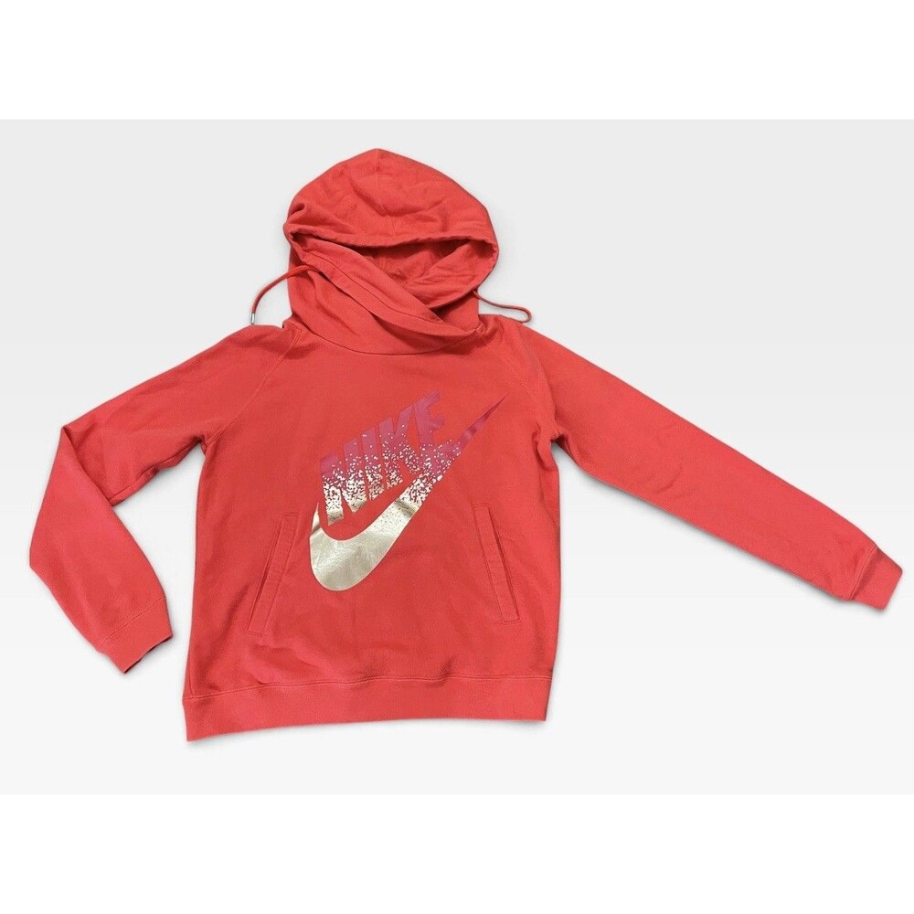 Nike Hoodie Womens Size L Coral Red Viscose Metallic Logo Pullover Athletic